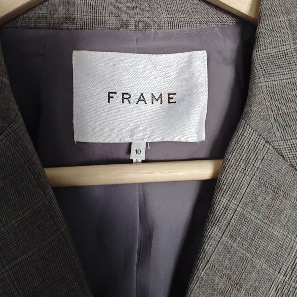 FRAME Blazer Double Breasted Wool Gray Tan Plaid Size 10 Relaxed Fit - Picture 8 of 14